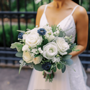 dark blue and white flowers bridal bouquet made by Flower Club