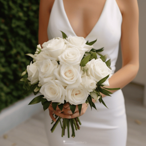 white roses and Italian leaves foliage bridal bouquet
