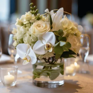white orchids and roses flower centerpiece