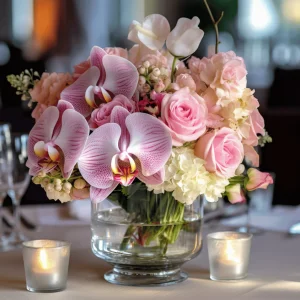hot pink and lilac roses and orchid centerpiece