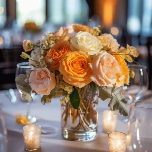 white, blush pink and orange roses centerpiece