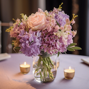 blush pink and lilac flower centerpieces for wedding or other events.